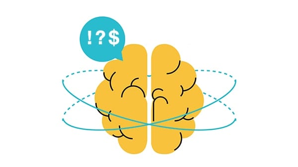 yellow brain with exclamation point question mark and dollar sign