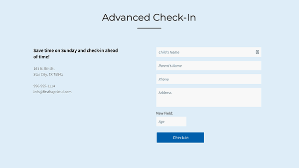 church website contact forms kids ministry advanced check in